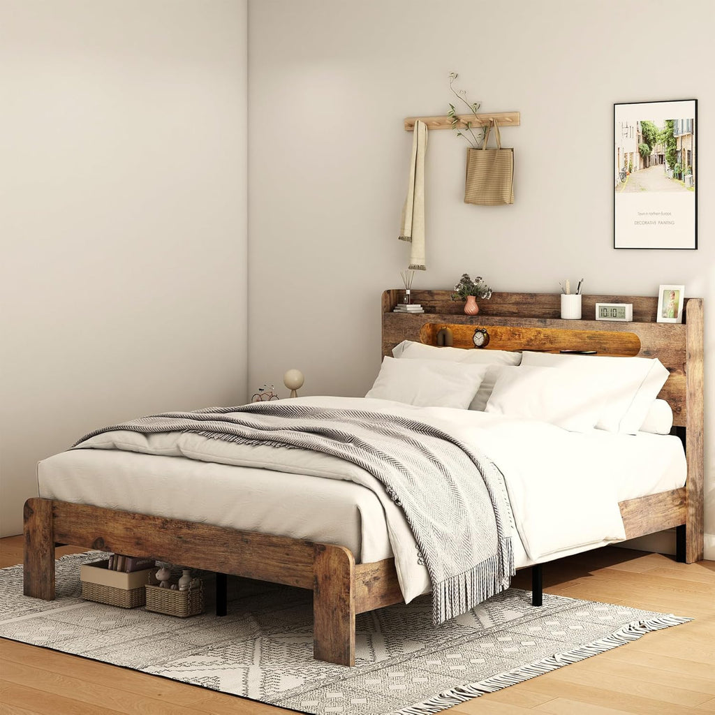 Wooden Queen Bed Frame with Storage Headboard, Rustic Farmhouse Platform Bed Frame Queen with Charging Station & LED