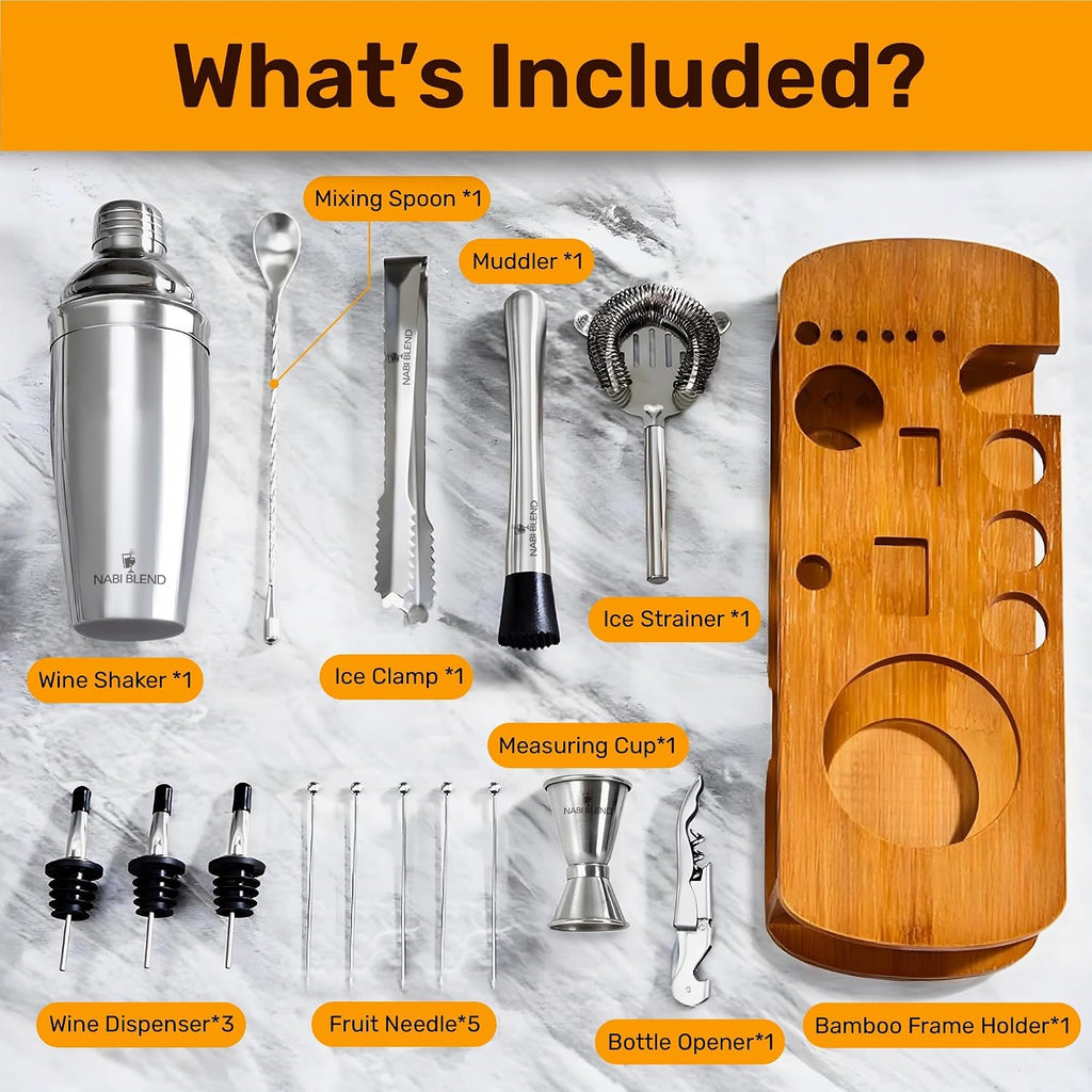 Bartender Kit with Bamboo Stand | Cocktail Shaker Set Essential Bar Tools Wine Shaker Ice Filter Mixing - Set of 16