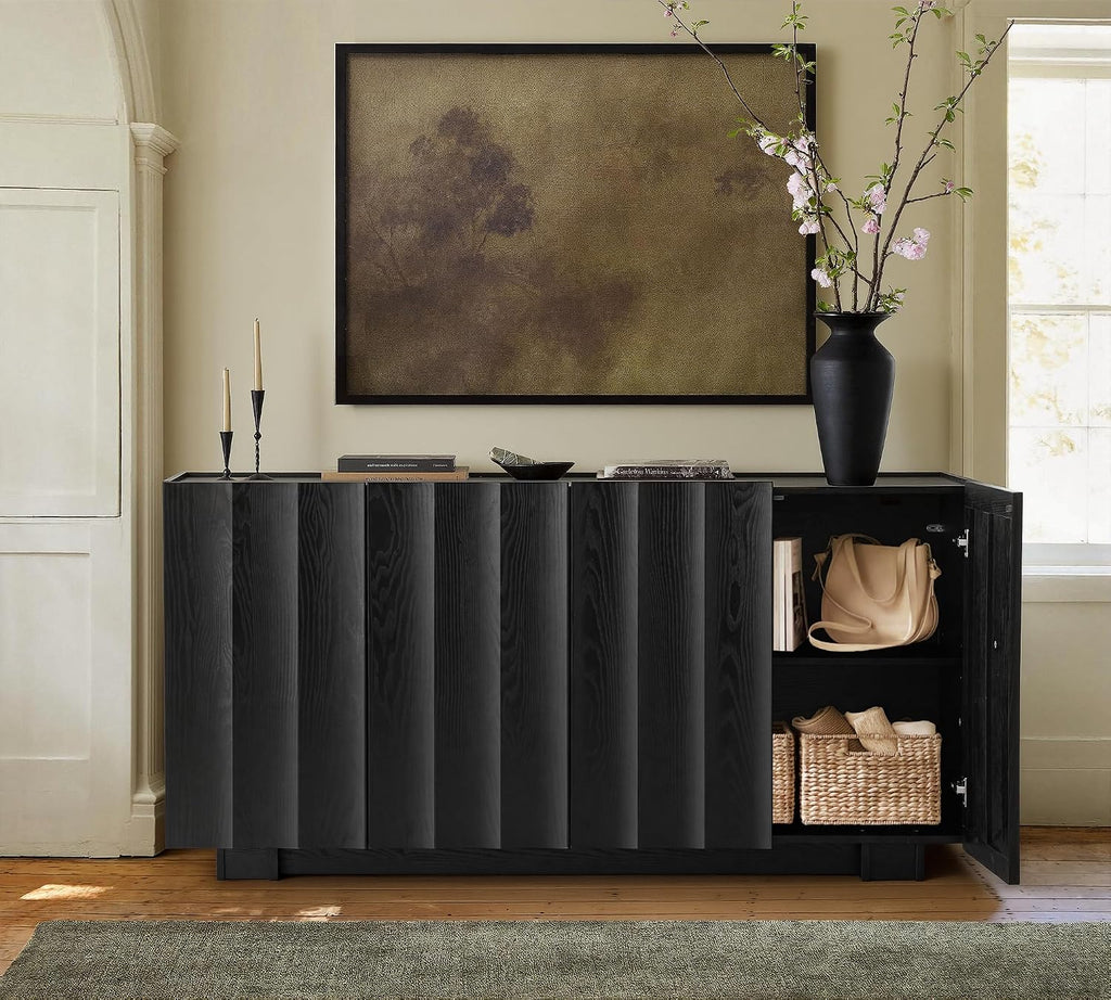 61.7" Fluted Sideboard Buffet Cabinet with Storage, Black | Mid Century Modern Credenza with Adjustable Shelves