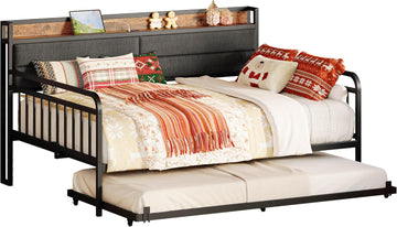 Daybed with Trundle, Full Size Bed Frame, Black | Sofa Day Bed with Upholstered Headboard and Charging Station and
