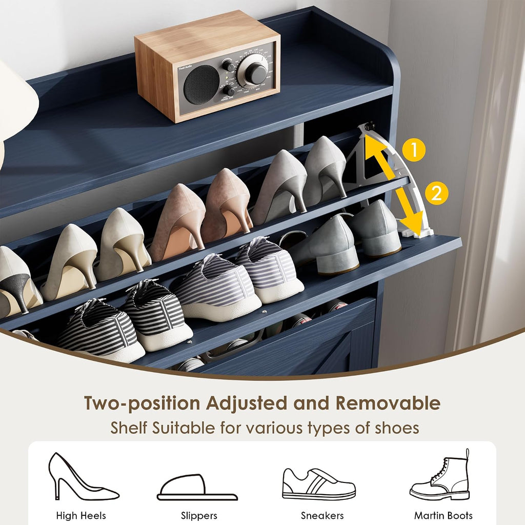 Shoe Storage Cabinet, Shoe Cabinet with 2 Flip Drawers, Narrow Shoe Rack Cabinet, Farmhouse Slim Shoe Cabinet Storage