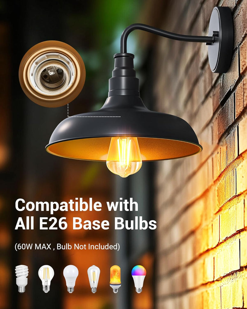 2 Pack Outdoor Wall Light, Gooseneck Barn Light Fixture, Black Matte Wall Mount Lantern, Farmhouse Outside Wall Sconce