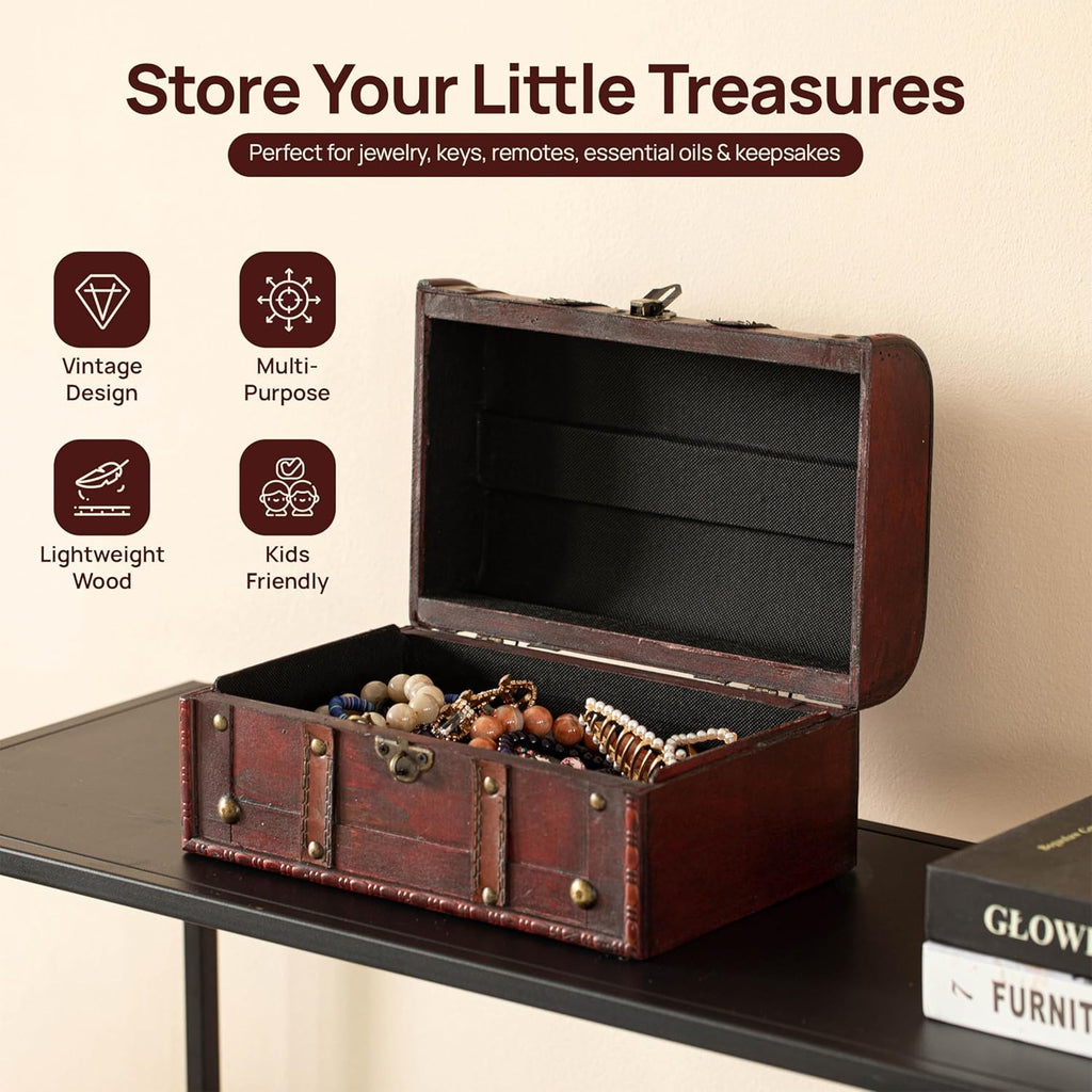 Decorative Wooden Treasure Chest Keepsake Box Large Memory Trunk, Wood Lock Box, Treasure Chest Box for Kids & Adults