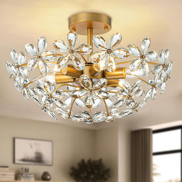 Bedroom Flower Ceiling Light, Brass Gold Flush Mount Chandelier, 17.7 Inch 6-Light Modern Crystal