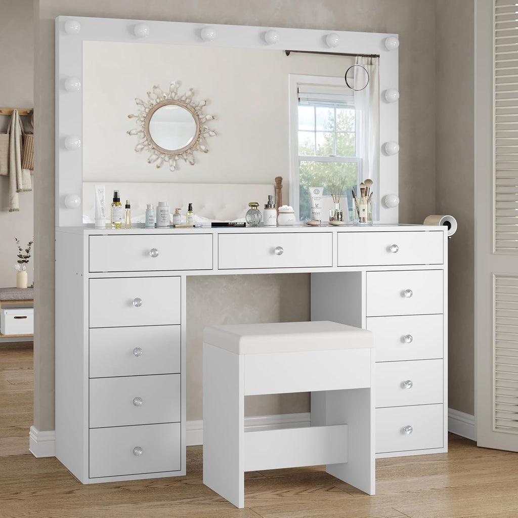 Vanity Desk & Power Outl, Makeup Vanity with Mirror and 12 LED Lights, Makeup Table with 11 Drawers, Vanity Table