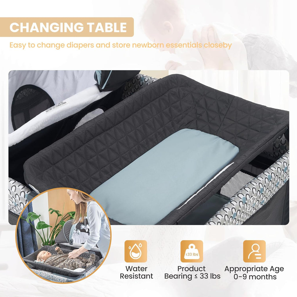 5 in 1 Multifunctional Pack and Play, Foldable Baby Crib with Bassinets,Changing Table,Newborn Napper with