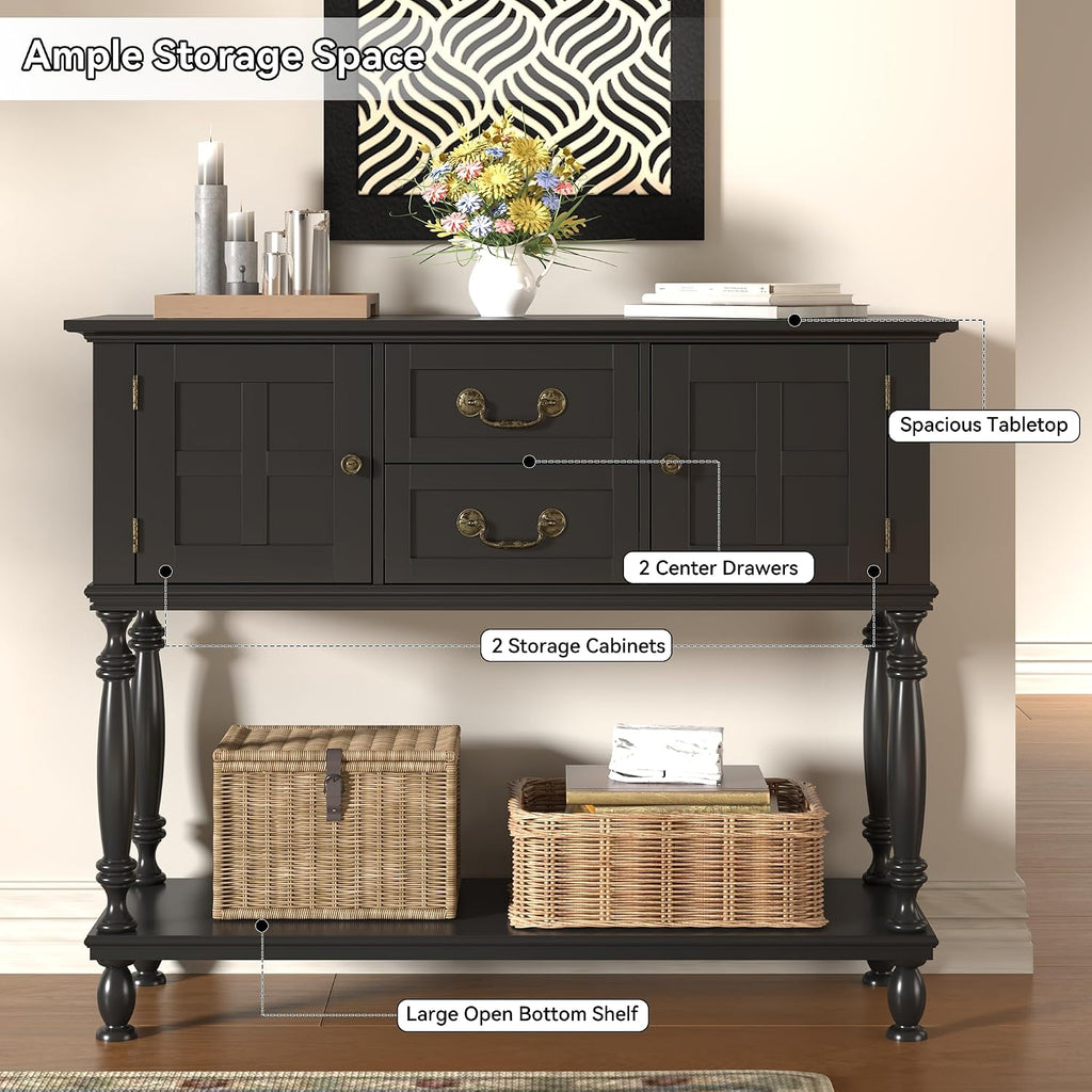 Farmhouse Console Table with Storage, Narrow Entryway Table with 2 Drawers & 2 Door Cabinets, Sofa Table Behind Couch