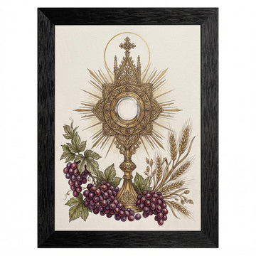 Framed Religious Wall Art - Sacred Monstrance and Eucharist with Grapes and Wheat - Devotional Catholic Decor in