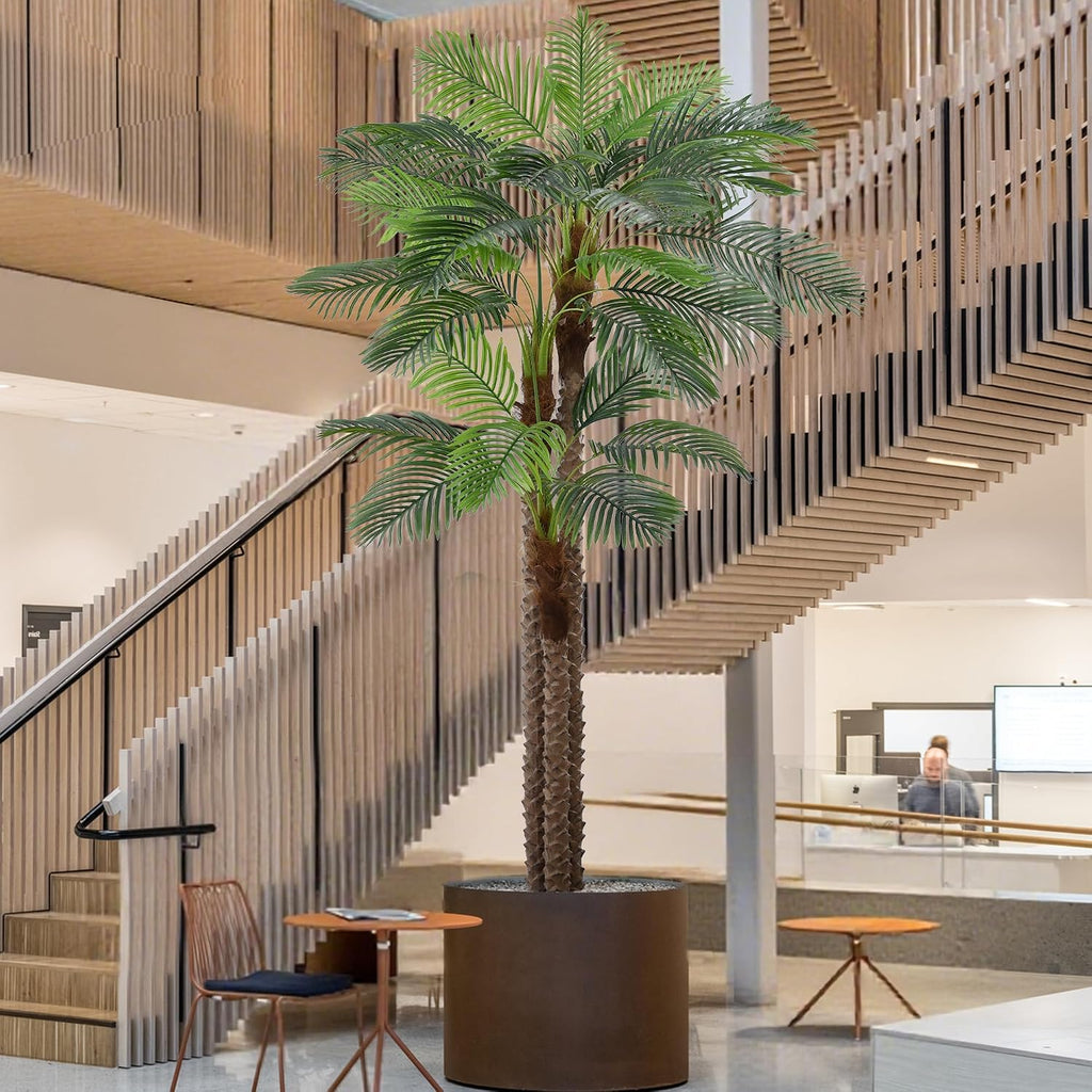 Artificial Triple Phoenix Palm Tree 10FT with 36 Leaves & Real Bark Tropical Coconut Areca Sago Palm Tall Large Faux
