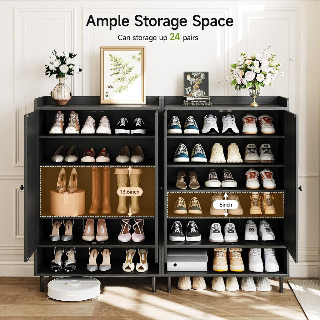 Black 7+1 Tier Farmhouse Shoe Storage Cabinet - 45" Tall Entryway Organizer with Cross Molding Doors, 3 Adjustable