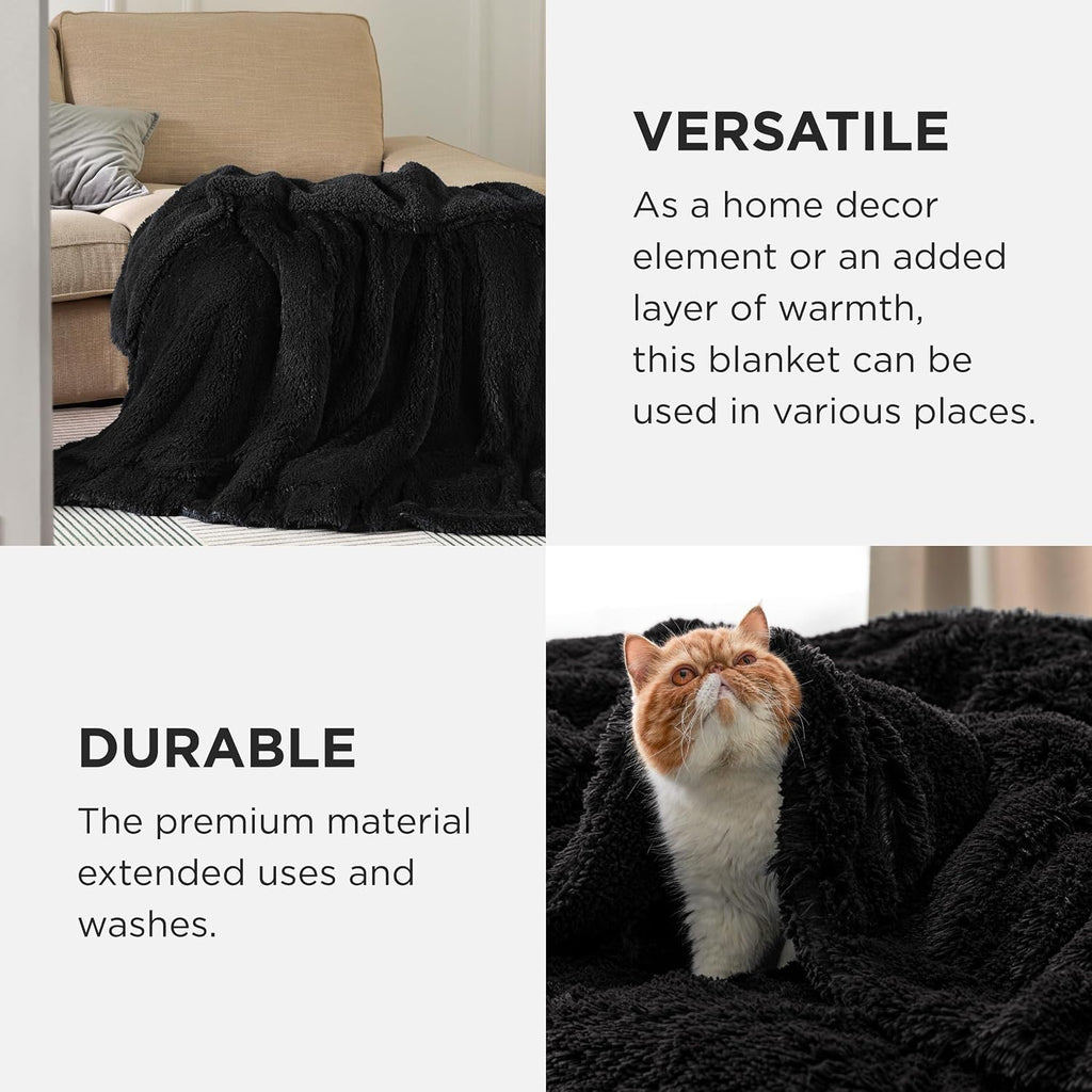 Faux Fur Fluffy Sherpa Fleece King Bed Blanket Black 108"x90"