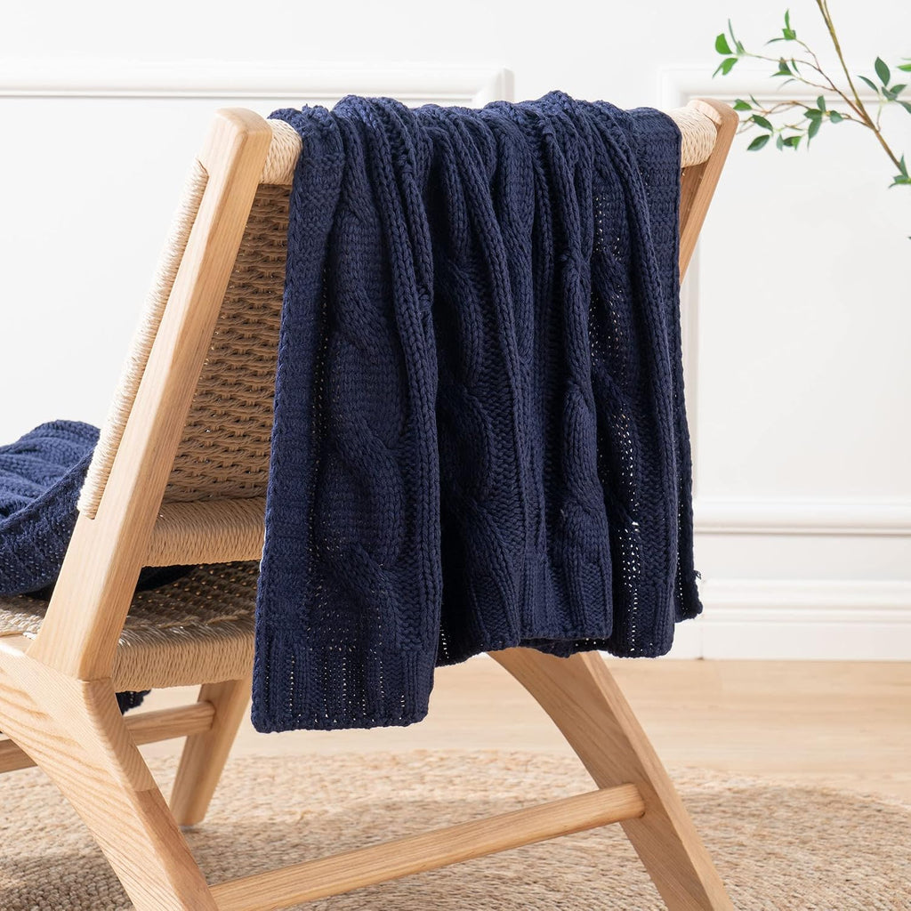 Navy Cable Knit Throw Blankets, Super Soft Warm Cozy Decorative Knitted Throw Blanket, Chair 50"x60"
