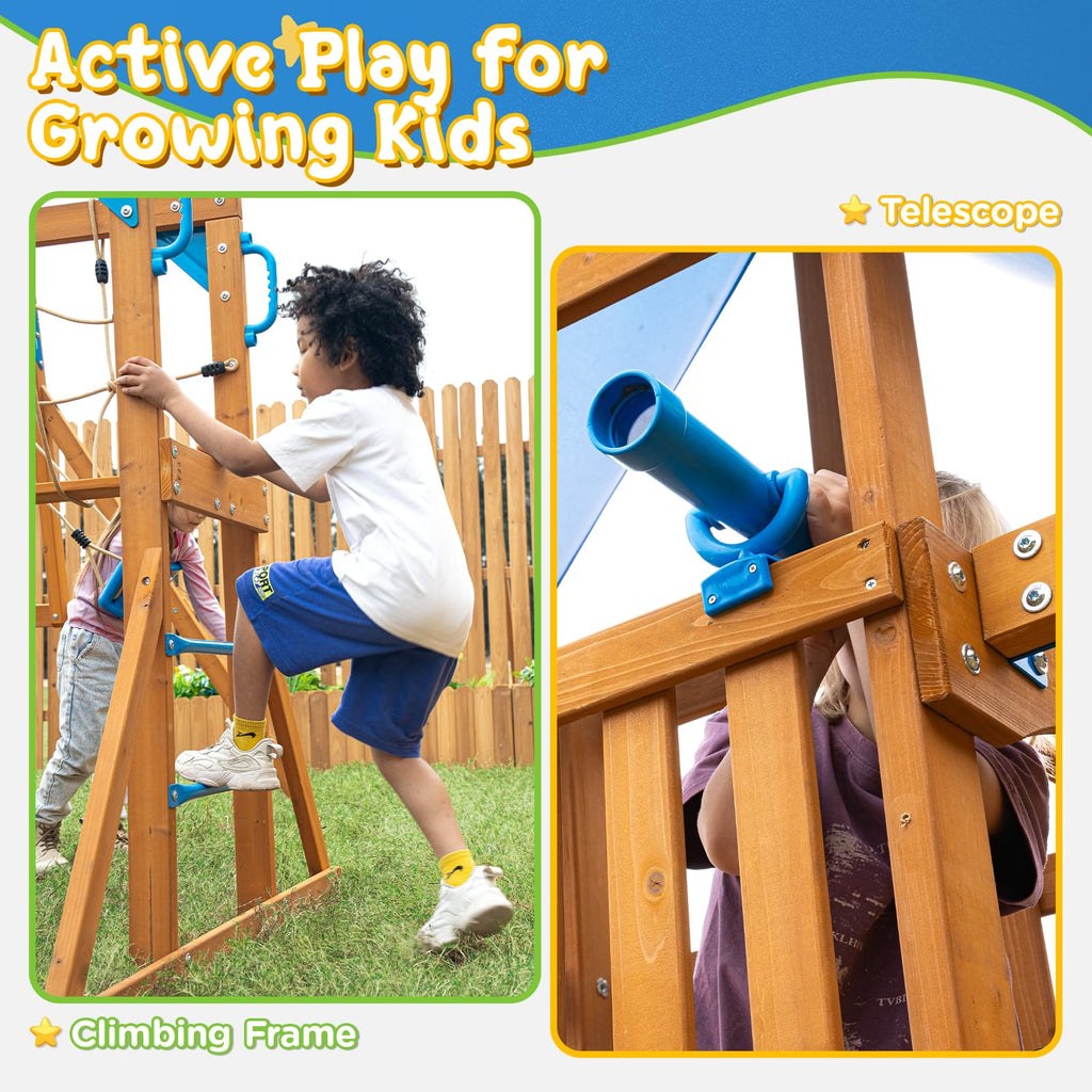 Playground Wooden Swing Sets for Backyard with Plank Bridge