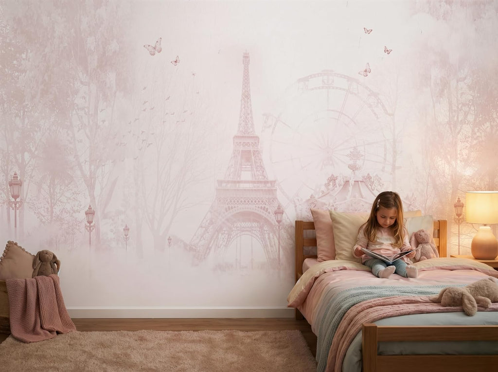 Girls Nursery Wall Murals: Pink Paris & Eiffel Tower Wallpaper | Parisian Carousel Theme, Peel & Stick or