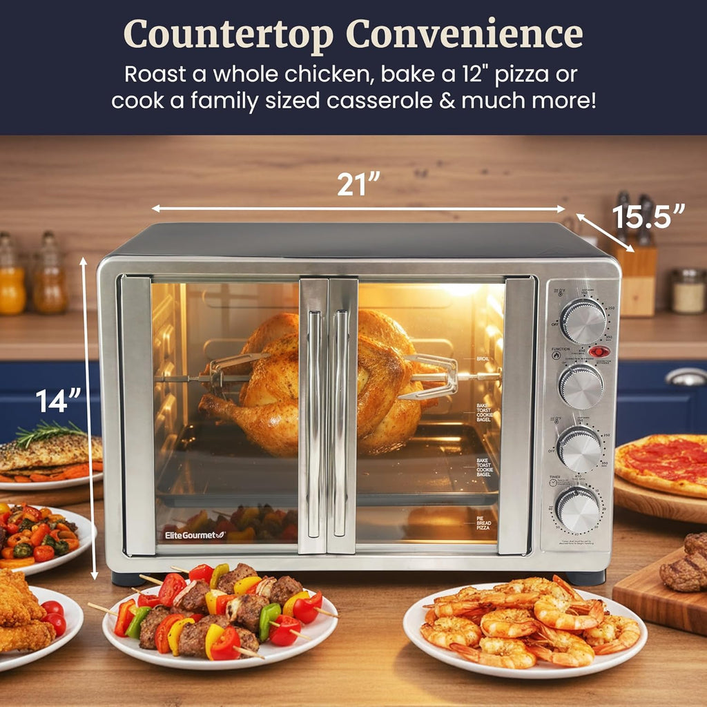 ETO-4510M French Door 47.5Qt, 18-Slice Convection Oven 4-Control Knobs, Bake Broil Toast Rotisserie Keep Warm