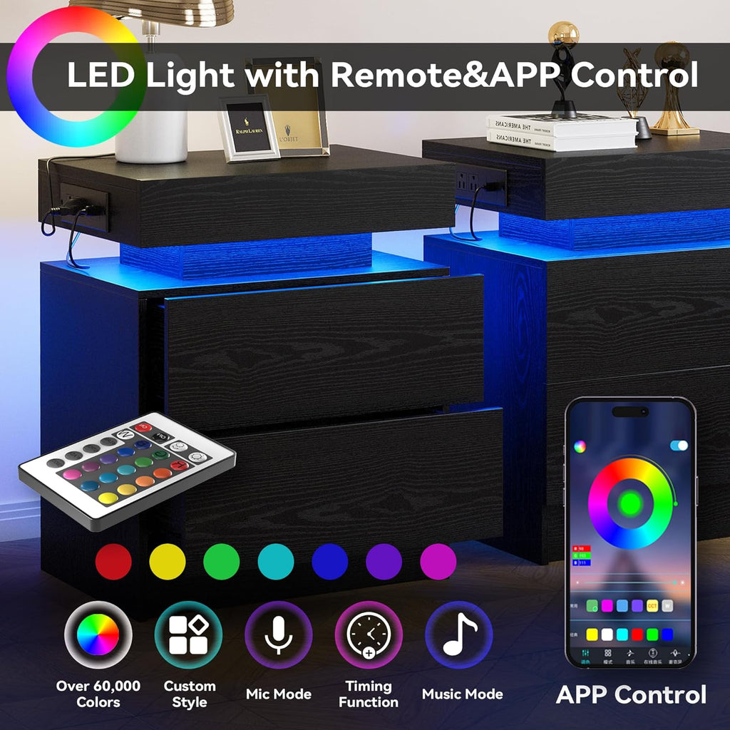 Nightstand with Charging Station LED Light and 2 Drawers Black | bedside table; end table; charging station; LED