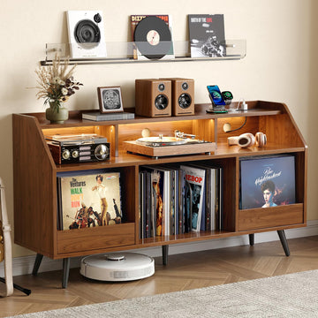 55 Inch Record Player Stand with LED Light, Walnut