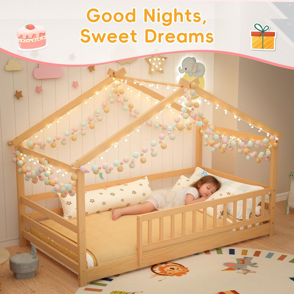 Twin Size House Bed for Kids, Twin Montessori Floor Bed with Roof and Guardrails, Solid Wood Low-Profile Frame