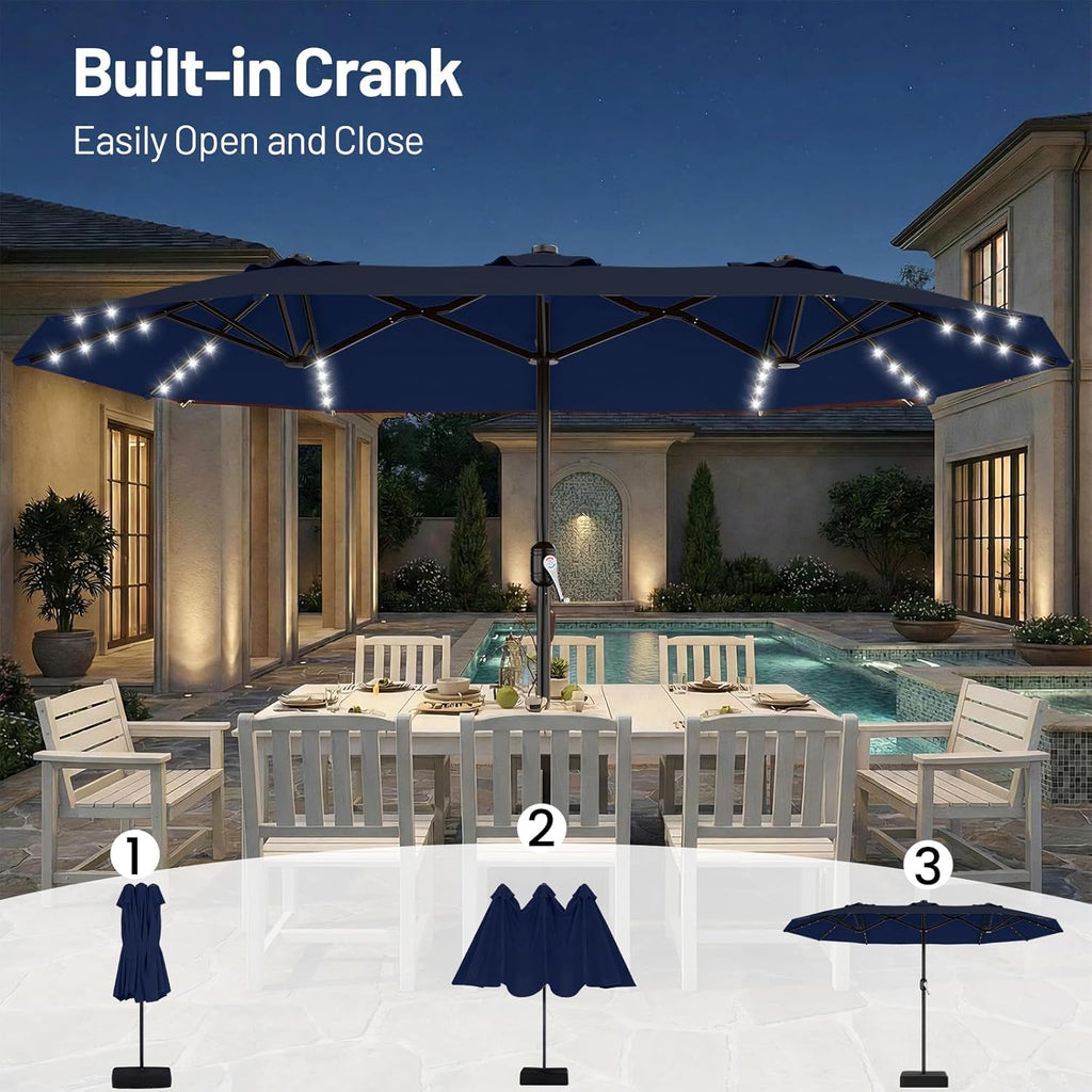13 FT Patio Umbrella with Solar Lights, Double-Sided Outdoor Table Umbrellas with Crank