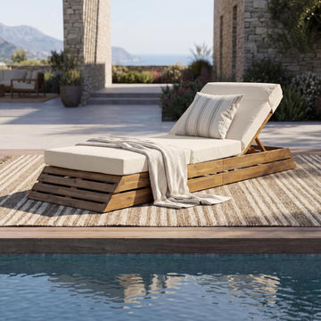 Acacia Wood Chaise Lounge Chair Outdoor with 4-Fold Cushion, Poolside Sun Lounger Recliner, Patio Chaise Lounge