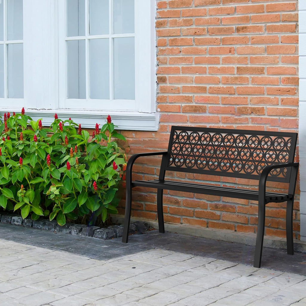 Outdoor Bench Garden Bench, 44" Anti-Rust Patio Bench Clearance, Iron Metal Frame Outdoor Benches Weatherproof for