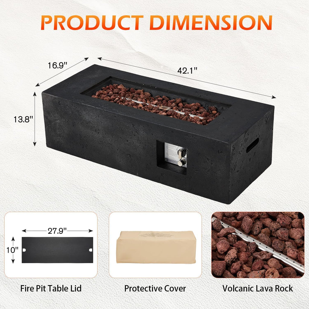 42" Outdoor Propane Fire Pit Table Rectangle Gas Fire Pit No Tank Holder
