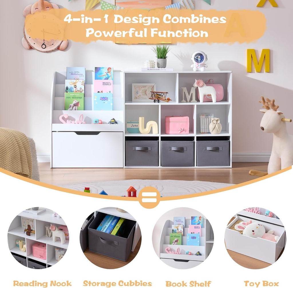 Kids Bookshelf and Toy Storage, 58.5'' Toy Storage Organizer with Movable Chests & 3 Storage Bins, Large Kids Reading