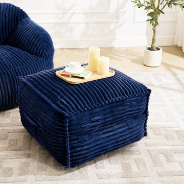 Square Stuffed Pouf Ottoman with Foam Chunk Filling, Navy