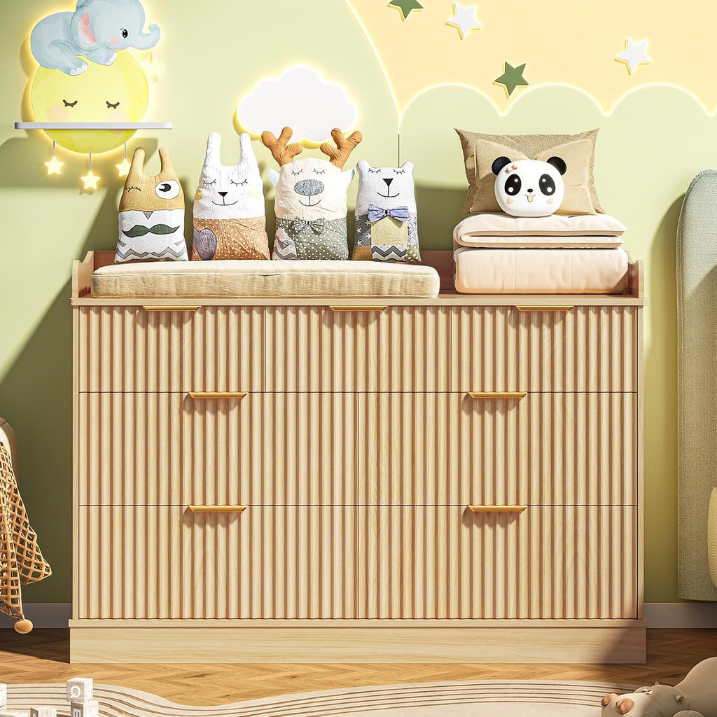 Nursery Dresser, 7 Drawer Wood Baby Dresser, Fluted Chest with Gold Handles, Safe & Spacious Storage Organizer for