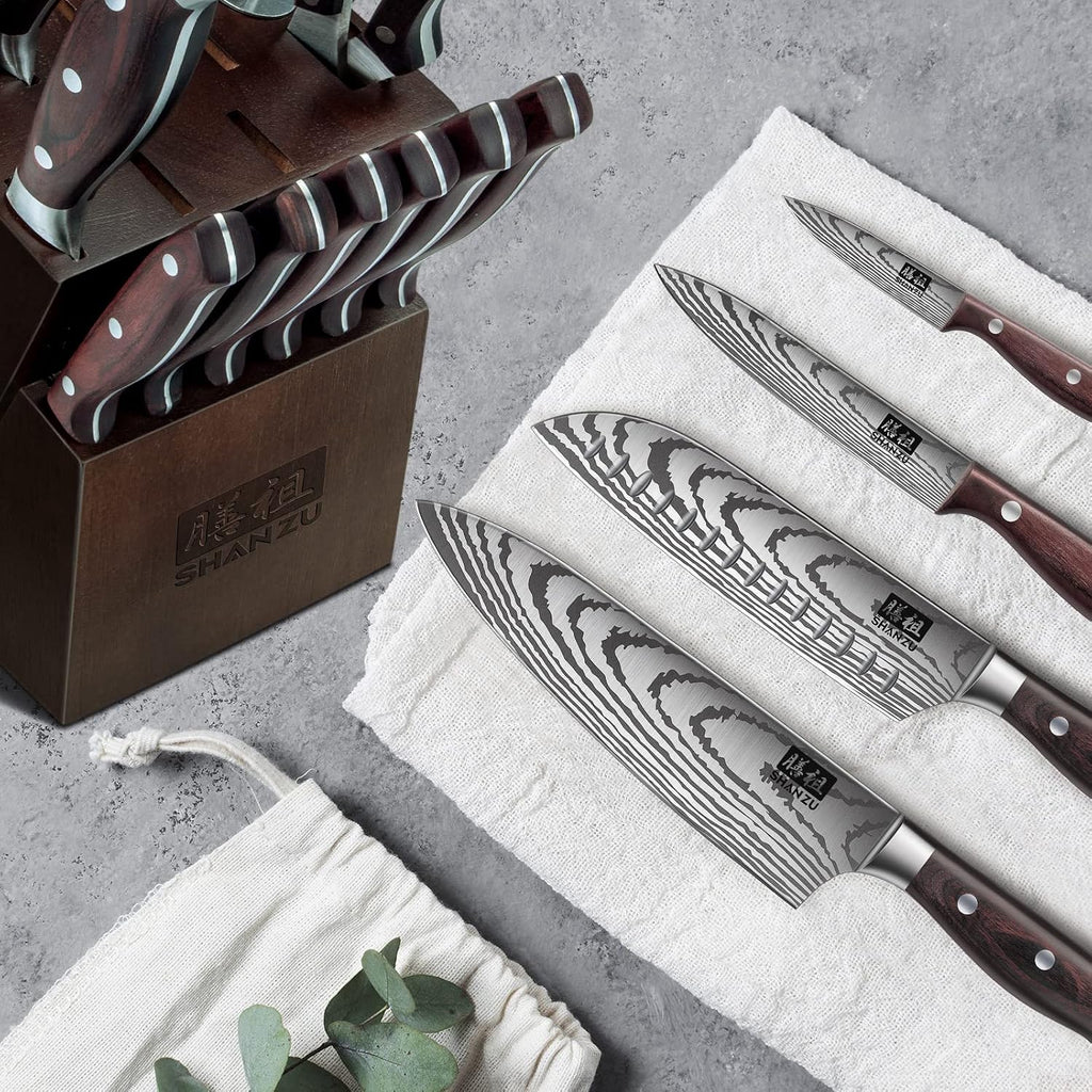 Knife Set 16 pcs, Japanese Kitchen Knife with Block High Carbon Stainless Steel Ultra Sharp Knife , Professional Chef