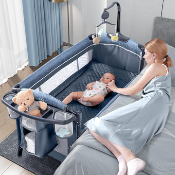 Baby Bassinet Bedside Crib, Pack and Play, Diaper Changing Table | Portable Large Playard, Music Mobile, with