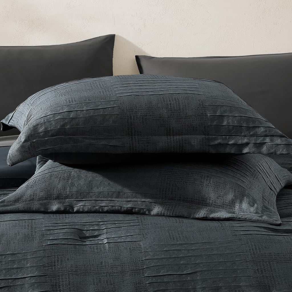 Comforter Set Blue Grey, Textured Design Crinkle Bedding Sets 7 Pieces