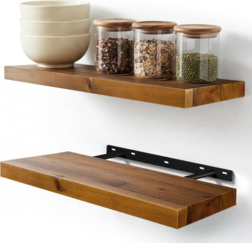 Set of 2 17" Acacia Wood Floating Shelves Wall Mounted - Rustic Farmhouse Wooden Wall Storage Shelf Décor - Brackets