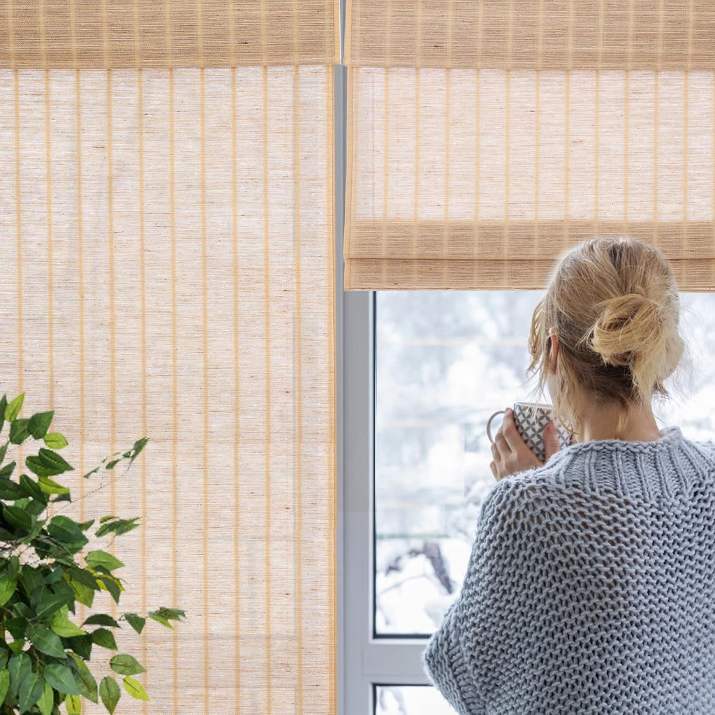 Cordless Bamboo Roman Shades for Windows with Borders, Natural Woven Wood Shades with 6 Inches High Valance, Custom