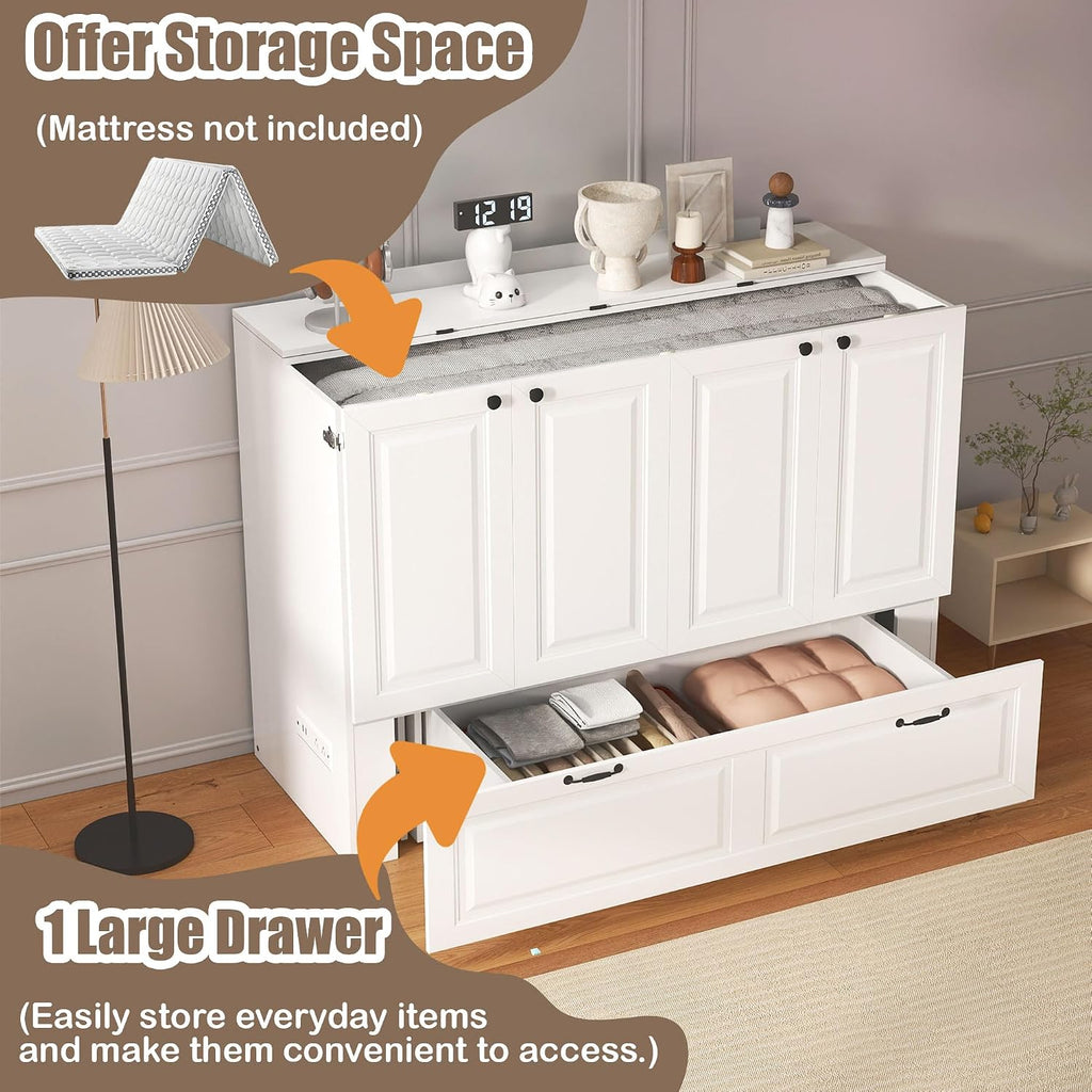 Full Murphy Bed Cabinet: White 2 in 1 Murphy Bed, Wood Cabinet Beds with Storage Drawer, Foldable and Charging