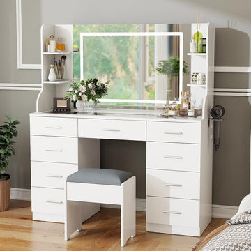 Vanity Desk with Mirror and Lights: 46" Makeup Vanity with 9 Drawers, Large Make Up Desk with Chair, Dressing Table