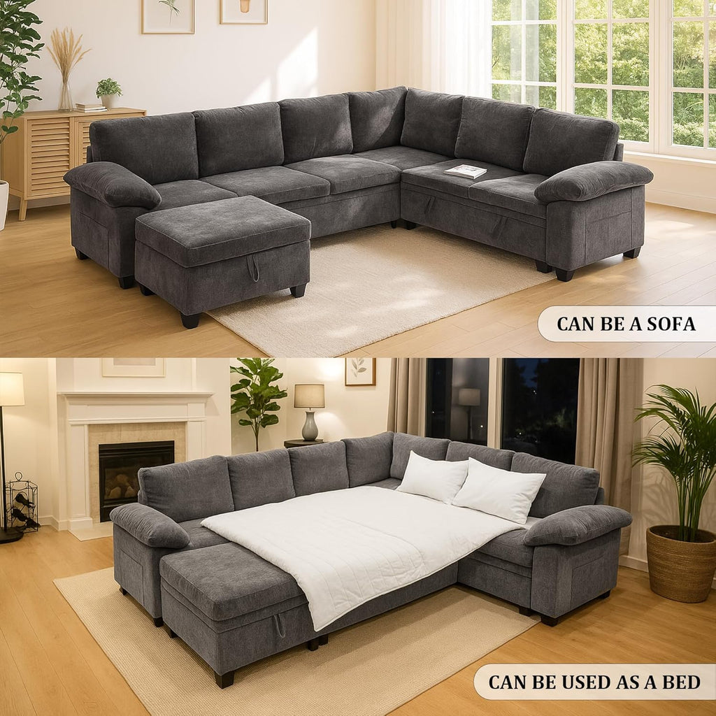 108 Inch Sectional Sleeper L Shaped Sofa with Pull Out Bed, 7 Seat Modular Sectional Sofa with Storage