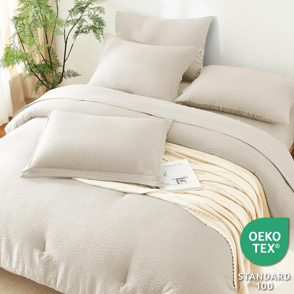 Queen Comforter Set Beige - 7 Pieces Striped Seersucker Bed in a Bag