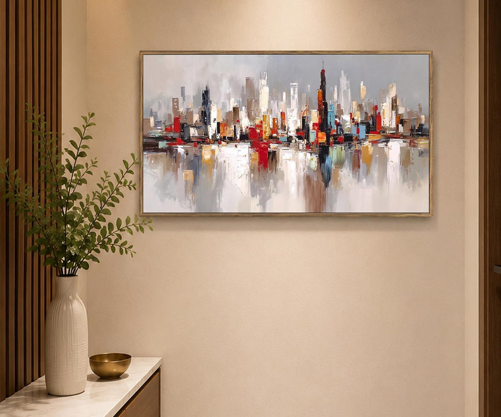 Large Modern Cityscape Wall Art, Framed Abstract Skyline Canvas Artwork, Contemporary Urban Decor Bedroom Office