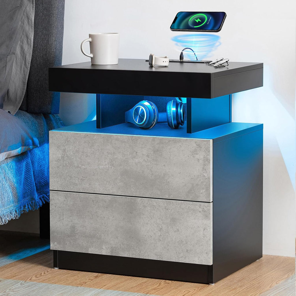 LED Nightstand with Wireless Charging Station & USB Ports High Gloss Bedside Table with LED Light RGB Adjustable