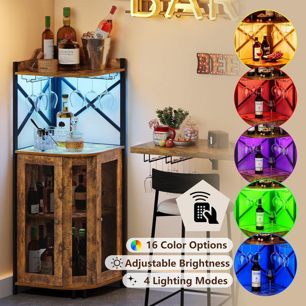 Corner Bar Cabinet with LED Lights,Industrial Wine Cabinet with Glass Holder,4-Tier Wine Cabinet with Door and