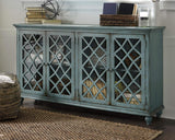 Mirimyn Vintage 69" 4-Door Accent Cabinet with Mirrored Glass and 2 Adjustable Shelves, Antique Blue