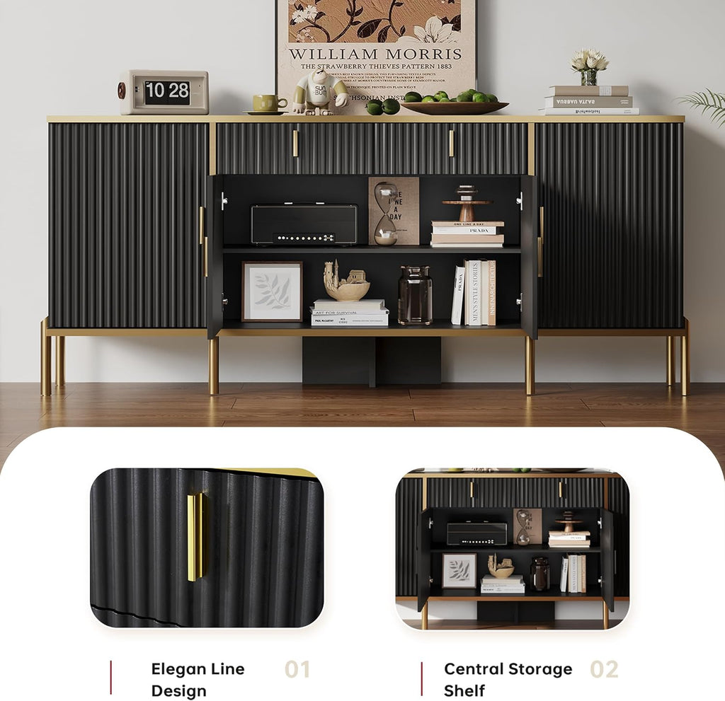 60" Fluted Buffet Cabinet with Storage, Modern Buffets & Sideboard with 2 Drawers, 4 Doors and Adjustable Shelves