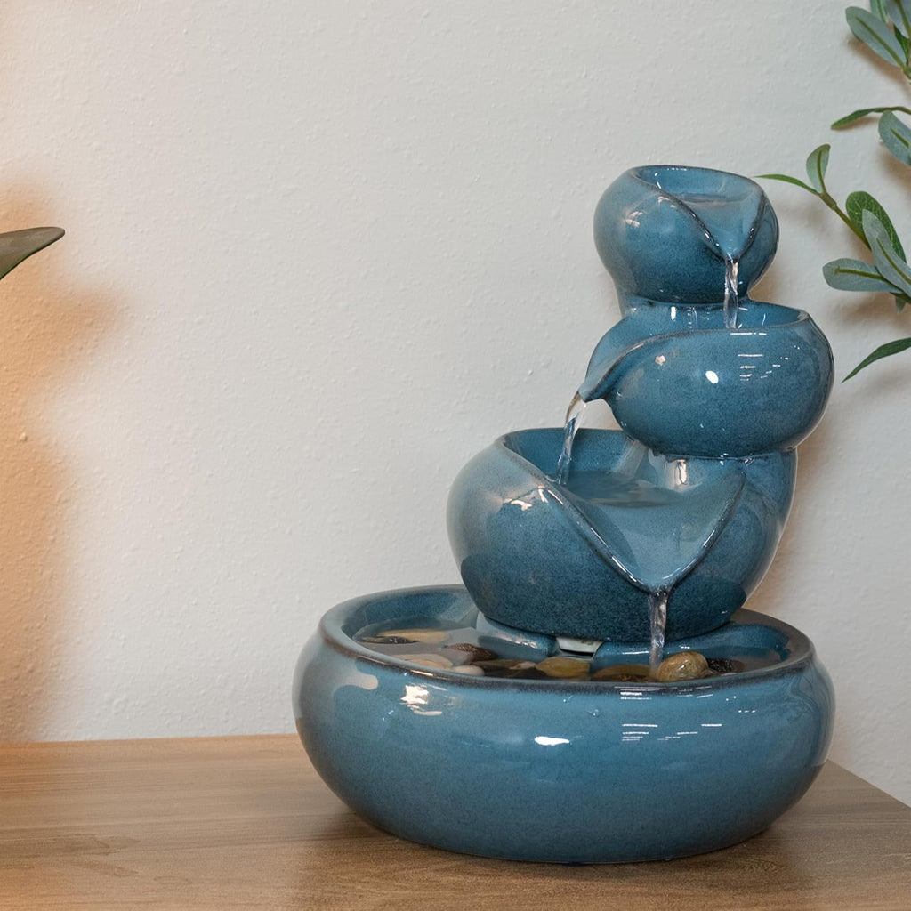 Tiered Vessels Ceramic Tabletop Water Fountain - Relaxing Indoor Fountain - Teal