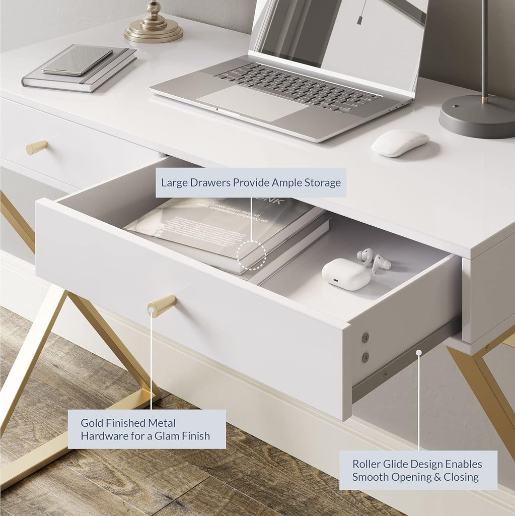 Modern 42 Inch Makeup Vanity Dressing Table or Home Office Computer Laptop Writing Desk with Two Storage Drawers