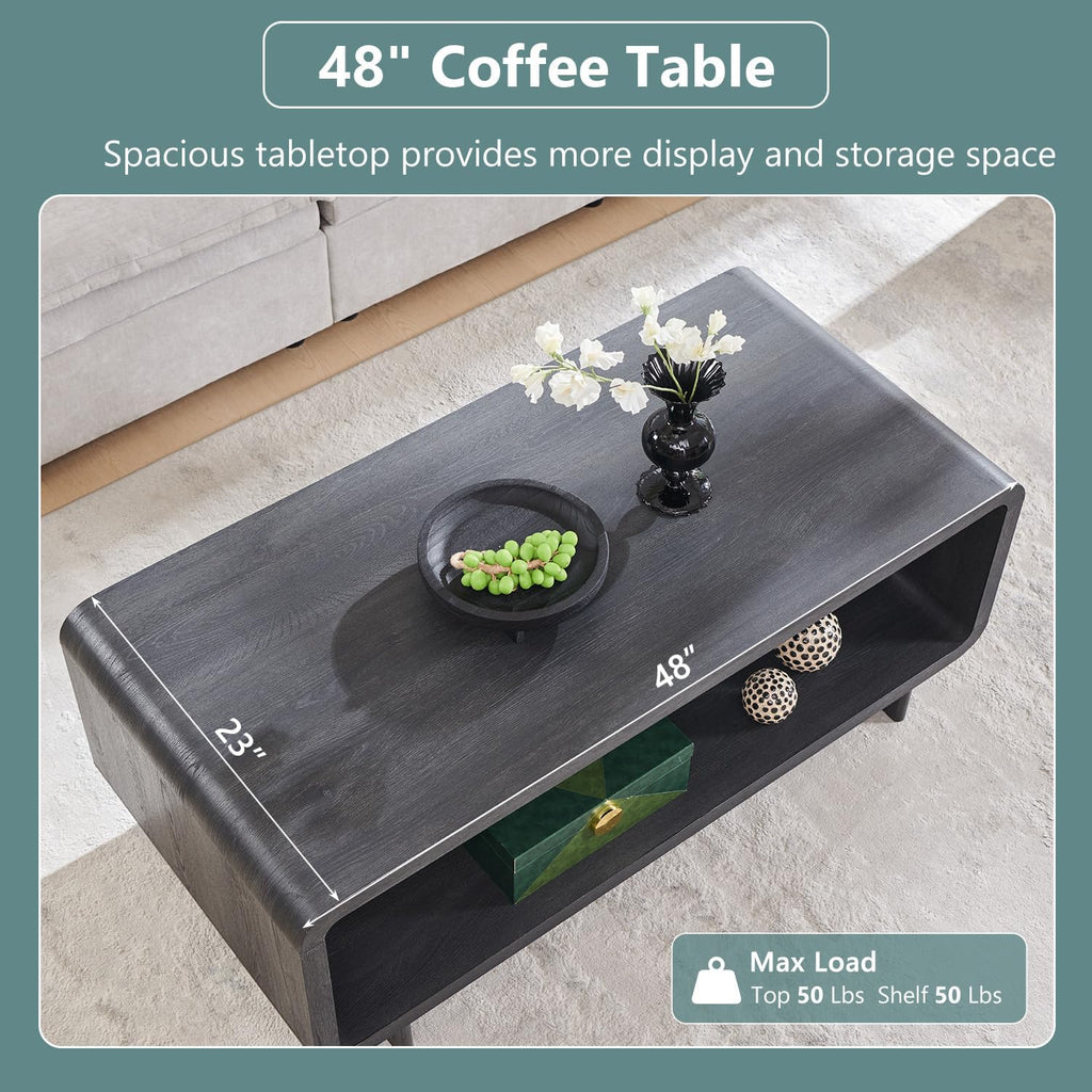 48" Modern Coffee Table, 2-Tier Minimalist Center Table with Storage Shelf, Curved Profile Design