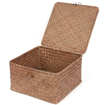 Wicker Shelf Baskets with Lid, Handwoven Seagrass Storage Basket Bins Square Gift Boxes for Shelves Home Decor