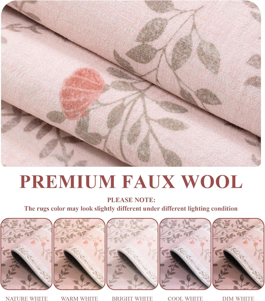 Pink Floral Rug for Bedroom Girls, Washable Area Rugs for Living Room Non Slip Ultra-Thin, Soft Throw Carpet for Nursery, Kids Playroom, Classroom, Home Office Decor