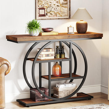 41.3" Console Table, Industrial 4-Tier Sofa Table Entryway Table with Circle Base, Narrow Wood Accent Tables with