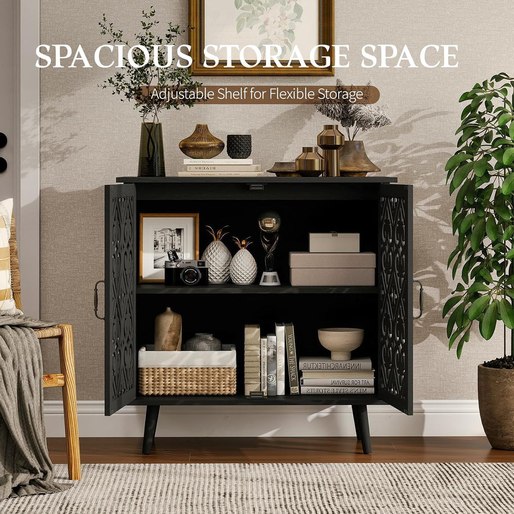 31.5" Small Black Accent Sideboard Buffet Cabinet with Storage, Vintage Storage Cabinet with Carved Wood Doors